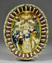 A French Palissy-Style Lead Glazed Dish of the Baptism of Christ, 10.25ins