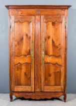 A 19th Century French Provincial Fruit Wood Armoire, with moulded cornice, fluted frieze, fitted one