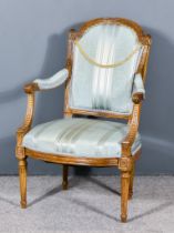 A 19th Century French Beech Wood Framed Armchair, the moulded frame carved with flowers, the back,