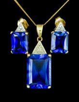 A Sapphire and Diamond Suite, comprising - 9ct gold pendant set with a faceted sapphire,
