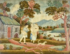 A Late Georgian Silk and Wool Work Panel, worked in colours, with gentleman, lady and child