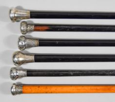 Six Late 19th/Early 20th Century Ebonised Silver Topped Walking Canes, and two other silver topped