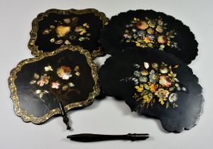 A Pair of English Ebonised and Mother-of Pearl Fans/Face Shields, 19th Century, of shaped outline,