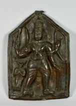 An Indian Bronze Plaque of Vishnu, 19th Century, the deity shown standing with attributes, the