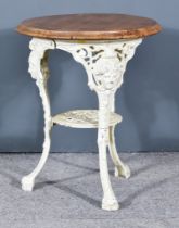 A Late Victorian Garden Pub Table, with moulded edge to the wooden top, base cast with mask and leaf