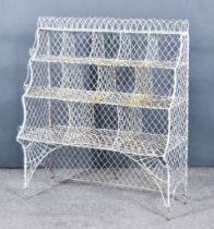A White Painted Wire Work Three-Tier Garden Etagere, 20th Century, 36ins wide x 41.5ins high The