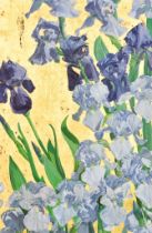 ***Joseph Sevier (born 1961) - Acrylic - Blue irises on a gold background, 24ins x 15.5ins, in