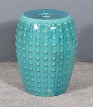 A Chinese Turquoise Glazed Pottery Barrel-Shaped Garden Seat, 20th Century, with stud moulding,