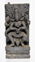 A Carved Teak Hindu Aratha Chariot Panel, 19th Century, depicting Lakshmi, 24ins (61cm) x 10.