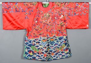 A Chinese Embroidered Red Silk Side Fastening Robe, 19th Century, embroidered in gold and coloured