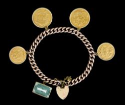 A 9ct Gold Charm Bracelet, with padlock clasp, bearing one suspended charm and a mounted George V