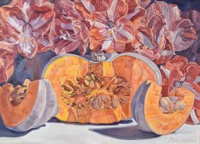 ***Joseph Sevier (born 1961) - Oil painting - "Pumpkin and Amaryllis", signed and dated 2005, canvas