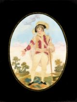 A Pair of Regency Coloured Silkwork Oval Panels, Early 19th Century, of a young gentleman and lady