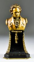 Eugene Bormel (1858-1932) - Gilt bronze bust - "Beethoven", signed, on triangular ebonised and