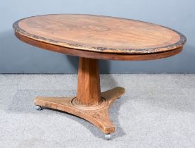 A Victorian Walnut and Ebonised Oval Breakfast Table, the quarter veneered top with gadrooned