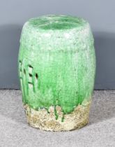 A Chinese Green Glazed Pottery Barrel-Shaped Garden Seat, 20th Century, 17ins (43.2cm) high