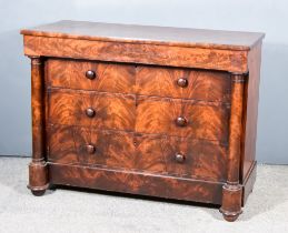 A 19th Century Continental Figured Mahogany Commode, with square edge to top, fitted one frieze