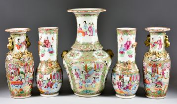 A Pair of Chinese Cantonese Porcelain Long-Necked Vases, 19th Century, enamelled in colours with
