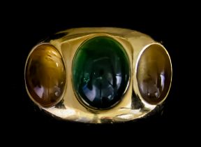 An 18ct Gold Gem Set Ring, by Ruben, set with three cabochon gem stones, size O, gross weight 11.3g