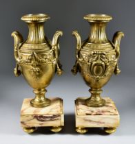 A Pair of Late 19th/Early 20th Century Gilt Metal Campagna-Shaped Urns, with gadrooned rims,