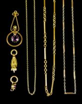 A Quantity of 9ct Gold Chains and Pendants, comprising - three fine gold chains, 420mm, 410mm and