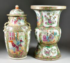 A Chinese Cantonese Porcelain Gu-Shaped Vase, 19th Century, enamelled in colours with alternating