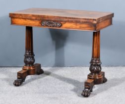 A George IV Rosewood Rectangular Card Table, with square edge to the baize lined folding top, the
