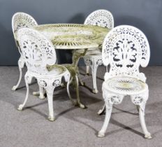 A White Painted Aluminium Circular Garden Table with pierced top, on three shaped legs, 42ins