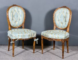 A Pair of 19th Century French Beech Wood Framed Chairs, the moulded frames carved with reeded and