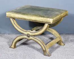 A 20th Century Green Leather Covered and Brass Studded Rectangular Stool, on X-pattern supports,