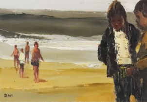 ***Donald McIntyre (1923-2009) - Oil painting - "On the Beach", various standing figures on beach,