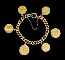 A Yellow Metal Chain Link Bracelet, with six suspended coins/medallions, total gross weight 61.3g