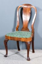 A Queen Anne Walnut Side Chair, with plain curved crest rail and vase pattern splat, the drop-in