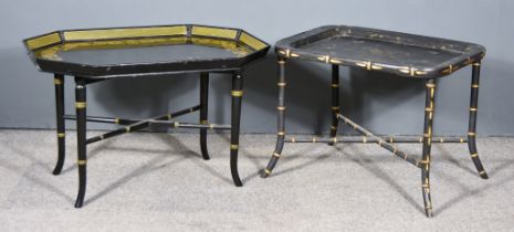 A Black Lacquer Rectangular Table, decorated in gilt, on bamboo pattern base with X-pattern