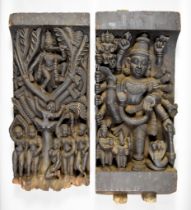 A Carved Teak Hindu Aratha Chariot Panel, 19th Century, depicting Krishna hiding in a tree,