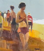 ***Donald McIntyre (1923-2009) - Oil painting - "Figures on Beach No. 1", four figures in bathing