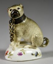 A Continental Porcelain Scent Bottle Modelled as a Pug, 19th Century, the naturalistically