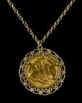 An Elizabeth II Sovereign, 1966, in 9ct gold filigree mount, suspended from 9ct gold chain, 500mm in