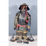 A Good Original Suit of Samurai Armour, navy blue cotton cord work with gold embellishments, with