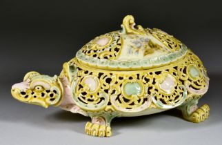 A Zsolnay Pecs Reticulated Covered Bowl in the Form of a Turtle,  Late 19th Century,  enamelled in