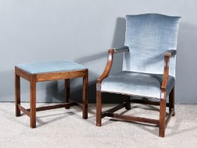 A Mahogany Open Arm Library Chair, of "18th Century" Design, the back, seat and arms upholstered