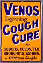 A "Veno's Cough Cure" Enamel Advertising Sign, Early 20th Century, in blue, white, black and orange,