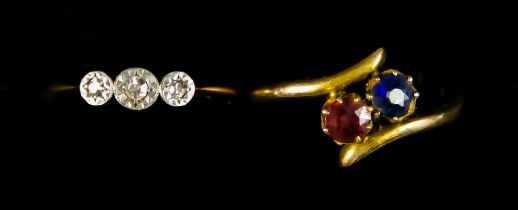 Two Gem Set Rings, comprising - one 18ct gold set with three small diamonds, size L+ and one