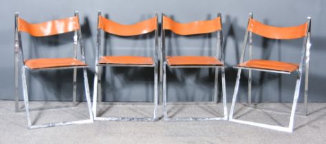 A Set of Four Mid-Century Italian Folding Steel and Tan Leather Chairs, Circa 1960, by Fontoni and
