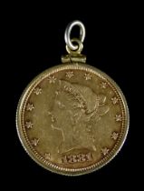 An 1881 American Ten Dollar Gold Coin, set in pendant mount, 27mm diameter, gross weight 17.8g