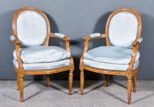 A Pair of 19th Century French Beech Wood Framed Side Armchairs, with moulded frames, the back, seats