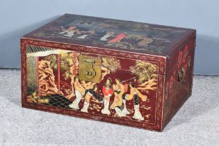 A 19th Century Painted Leather Camphorwood Chest, the whole decorated with chinoiserie, with