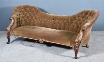 A Victorian Rosewood Framed Twin Chair Back Settee, upholstered in green dralon, the back