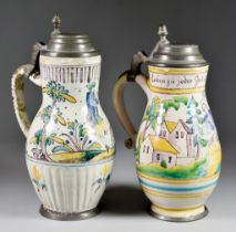 A Gmunden Faience Pewter-Mounted Jug, Late 18th Century, enamelled with a couple in a landscape, and