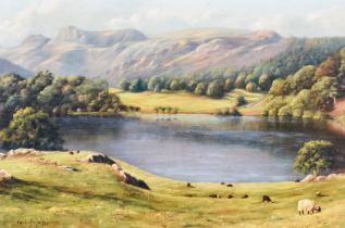 ***Paul Harley (born 1943) - Oil painting - "Loughrigg Tarn", rural landscape with rolling hills,